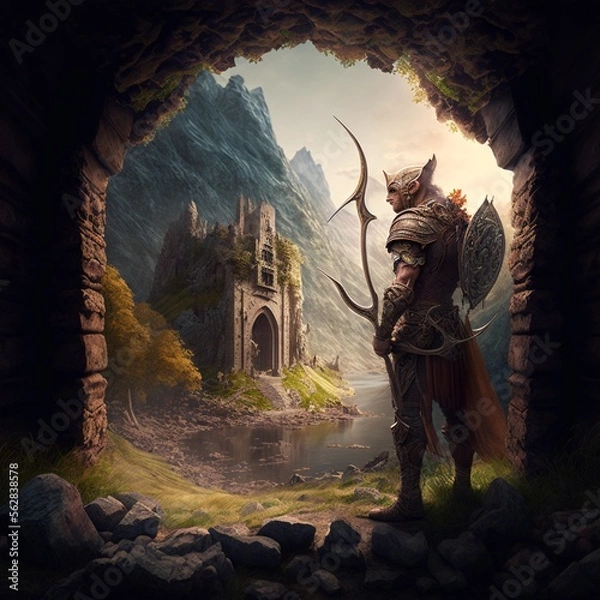 Obraz ranger archer fantasy landscape with warrior art generatif AI