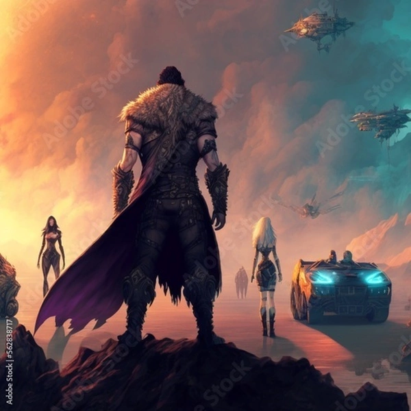 Fototapeta cyberpunk fantasy landscape with warrior art generatif AI  - 129