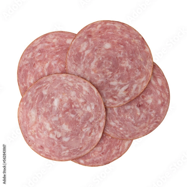 Fototapeta ham slices isolated on white background, heap pieces of sliced prosciutto laid out to create layout