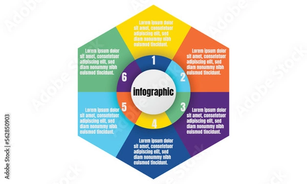 Fototapeta Infographic template for business information presentation. Vector hexagon and geometric elements. Modern workflow diagrams. Report plan 6 topics