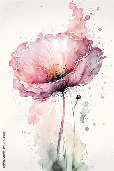 Fototapeta delicate light pink floral watercolor, paint splashes and splatters, abstract pink watercolor poppy flower, on white background with margins, AI assisted finalized in Photoshop by me 
