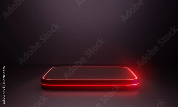 Fototapeta Red futuristic pedestal for display. Blank round square podium for product. 3d rendering illustration.