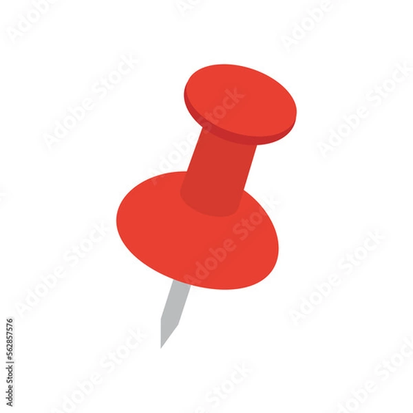 Obraz Office or school stationery supplies with red push pin vector illustration on white background. Location map marker vector icon.