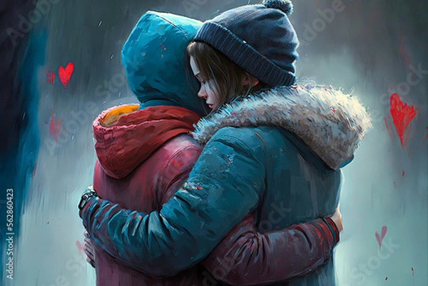 Fototapeta Valentine's Day back view of a couple hugging, generative AI