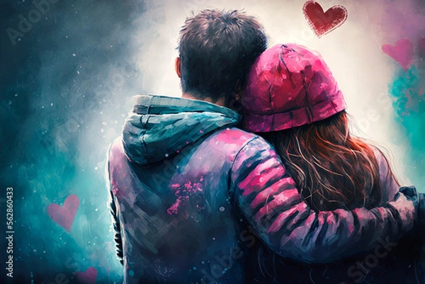 Fototapeta Valentine's Day back view of a couple hugging, generative AI