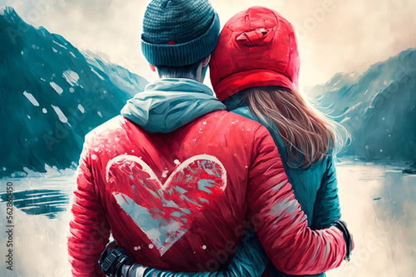 Fototapeta Valentine's Day back view of a couple hugging, generative AI
