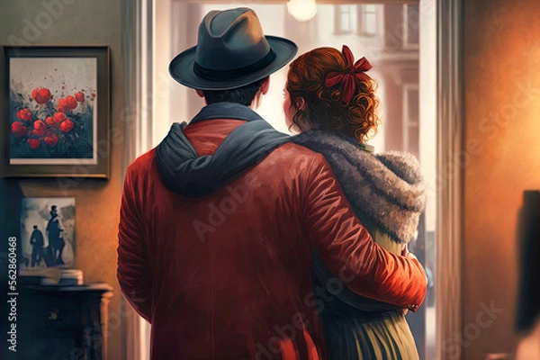 Fototapeta Valentine's Day back view of a couple hugging, generative AI