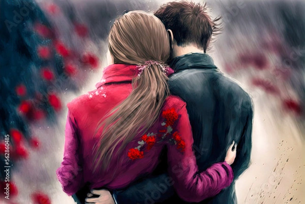 Fototapeta Valentine's Day back view of a couple hugging, generative AI