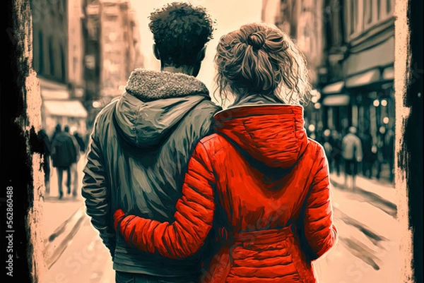 Fototapeta Valentine's Day back view of a couple hugging, generative AI