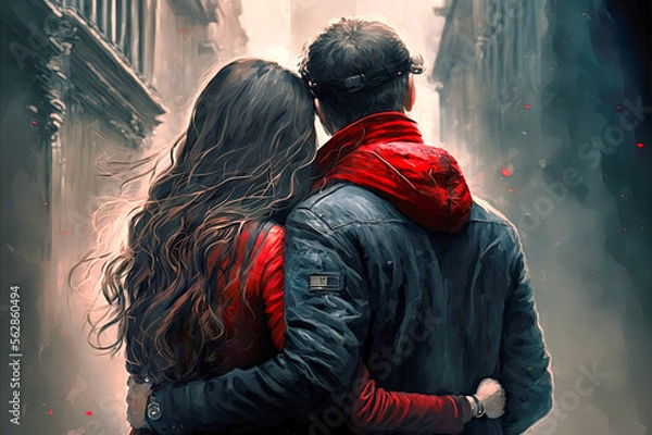 Fototapeta Valentine's Day back view of a couple hugging, generative AI