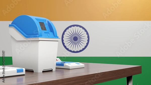 Fototapeta 3d rendering of voter verified paper audit trail of indian electronic voting machine, with control unit and ballot unit on the side, with flag of India in the background, India elections.