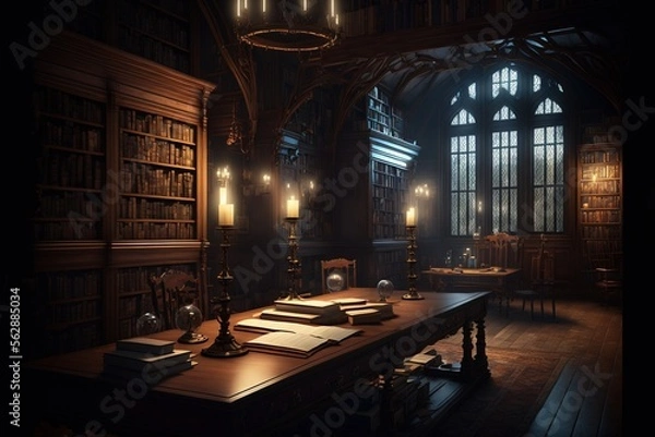 Fototapeta fantasy library in cozy cathedral environment. Generative AI