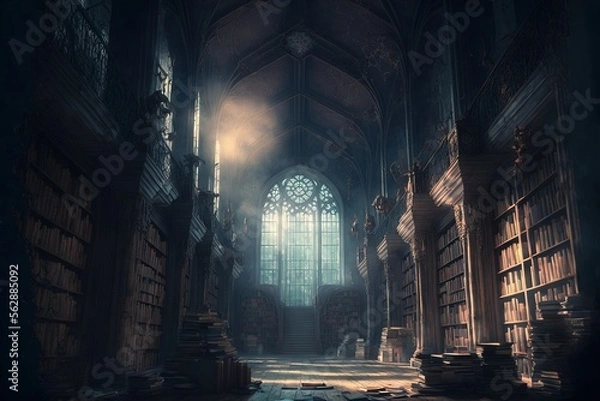 Fototapeta fantasy library in cozy cathedral environment. Generative AI