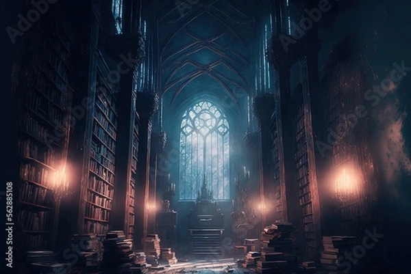 Fototapeta fantasy library in cozy cathedral environment. Generative AI