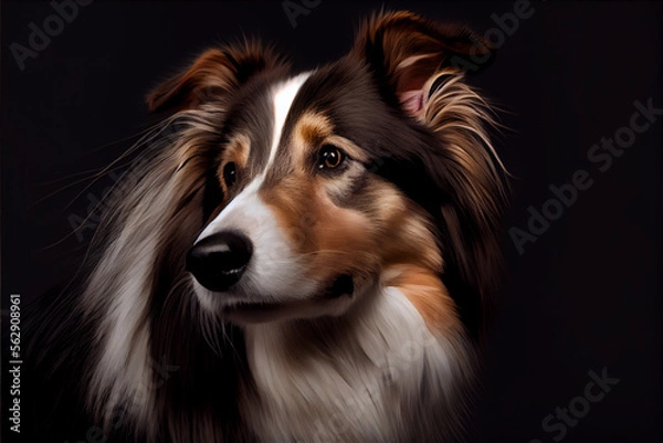 Fototapeta Portrait of a collie dog on a black background. generative ai