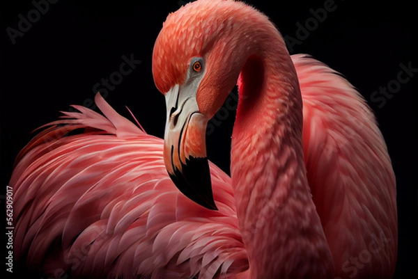 Fototapeta Portrait of a flamingo on a black background. generative ai