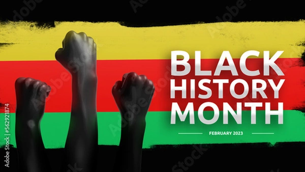 Obraz African-Americans Black history month lettering with raised arms and flag background 