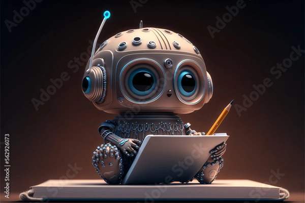 Fototapeta AI Copy writing bot, Artificial Intelligence Copywriter bot using chatgpt by open ai for content writing holding pencil