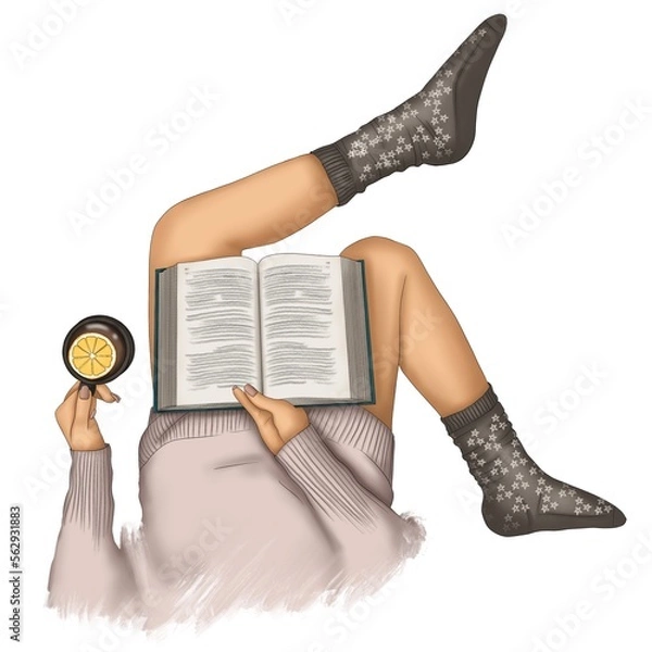 Obraz Girl With Coffee And Book Isolated On A White Background Hand Drawn Illustration	