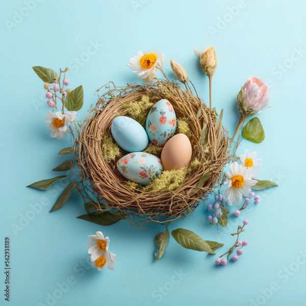 Obraz Happy Easter concept with easter eggs in nest and spring flowers. Easter background with copy space. Generative AI