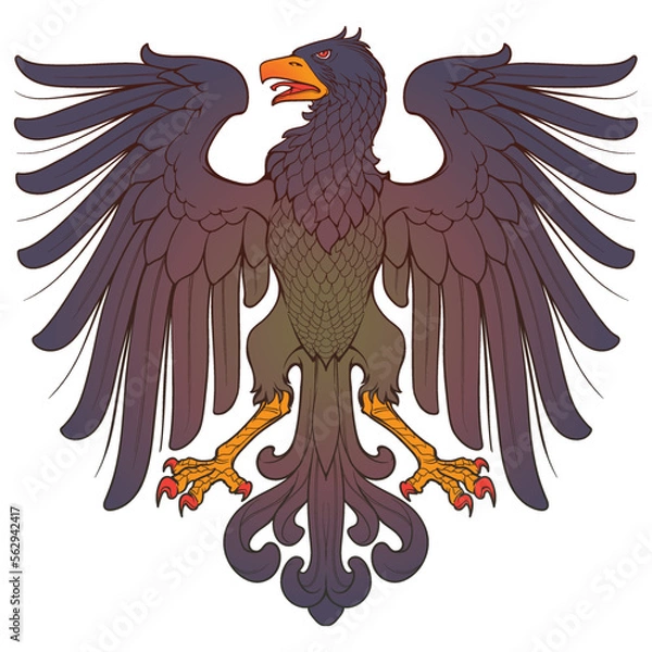 Obraz Heraldic Eagle spreading wings symmetrical. Heraldic supporter a part of a Coat of Arms. Line drawing coloured and shaded isolated on white background. EPS10 vector illustration.