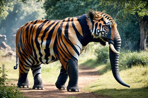 Obraz abstract hybrid animal a large elephant with tiger stripes and head walking down a dirt road next to a forest filled with trees and grass, with a large trunk sticking out of its mouth, generative AI