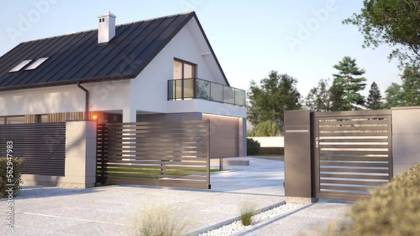 Fototapeta Modern house with fence and automatic Sliding Gate. 3D illustration