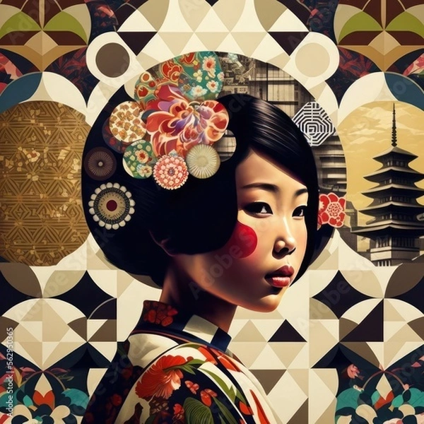 Fototapeta Asian woman made from squares, circles, alphabets, poka dots, lines, flowers, and patterns, modern architecture in the background