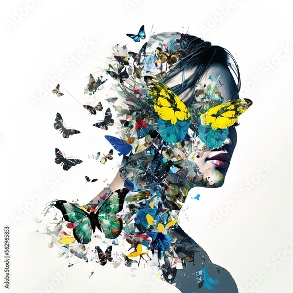 Fototapeta Surreal double exposure image of woman and butterflies. Great for ads, book covers, posters and more. Made with Generative AI.	