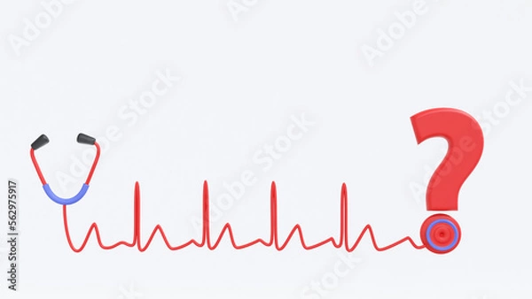 Fototapeta 3D illustration of stethoscope and cardiogram heart rate with question mark symbol isolated on white background. Clipping path