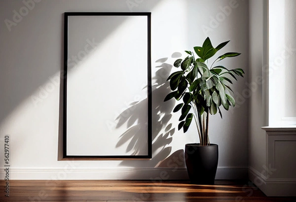 Fototapeta Heller Innenraum mit großer Pflanze und Bilderrahmen mit Textfreiraum als Platzhalter an einer modernen Innenwand im Hintergrund. Natürliches Sonnenlicht scheint durch das Fenster. Generative Ai
