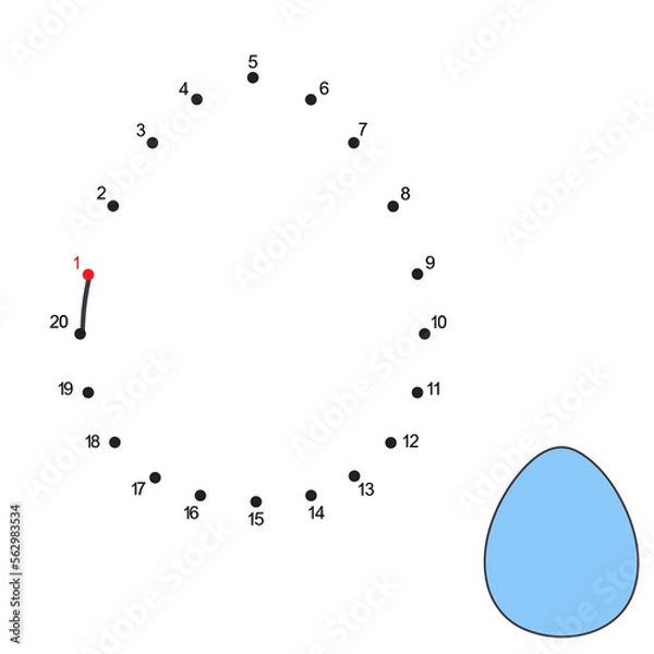 Fototapeta Dot to dot Game. Easter egg. Connect the dots by numbers to draw the cartoon Hen Egg. Logic Game and Coloring Page with answer. Easter education worksheet for kids practicing count numbers 1-20.