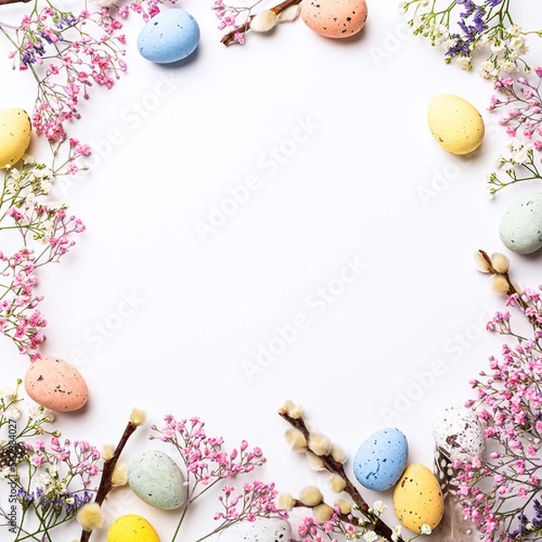 Fototapeta Overhead shot of Easter composition with spring flowers and colorful quail eggs over white background. Springtime and Easter holiday concept with copy space. Top view