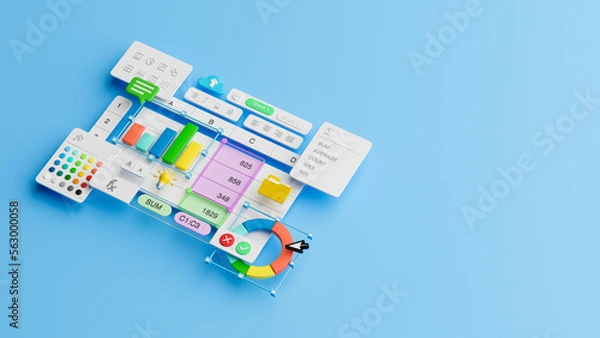 Fototapeta Spreadsheets graphs charts table data business financial report analysis screen software accounting management marketing document growth diagram planning calculate budget statistics. 3d rendering.