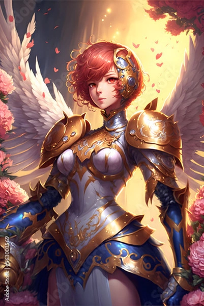 Obraz Young female angel knight with short red hair, generative AI