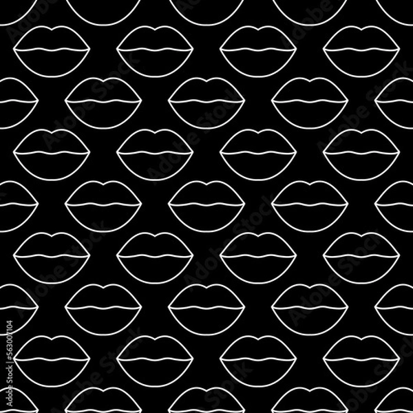 Fototapeta Monochrome simple background with lips. Seamless vector pattern with a white outline of elements on a black background. Fashion art for modern original designs, prints, textiles, fabrics, wallpapers.