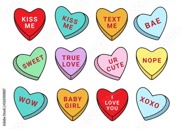 Fototapeta Vector set bundle of different color Valentines candy with love text