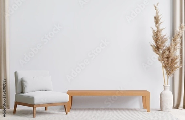 Fototapeta 3D rendering minimal style living room with wooden floor ,white wall,big couch,big window,carpet