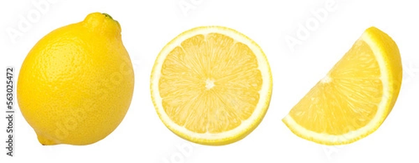 Fototapeta ripe lemon fruit half and slices isolated, Fresh and Juicy Lemon, transparent png, cut out.