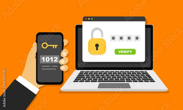 Fototapeta Two steps authentication concept with laptop and smartphone. Verification code by phone. Notification with a security code for secure login or sign in. Vector