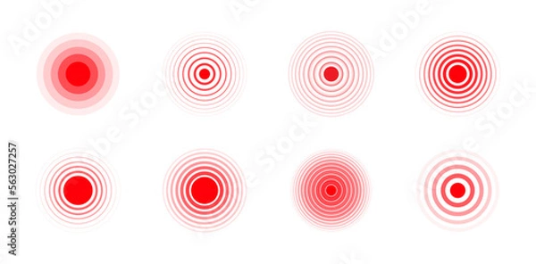Obraz Set of pain red circles. Red rings. Pain place, localization sign and pain spots. Throbbing pain symbol on the body and joints. Vector