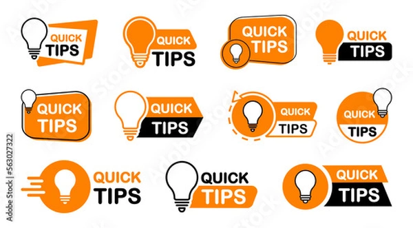 Obraz Quick tips icon set. Quick tips logo with light bulb. Helpful and top tips badges. Vector