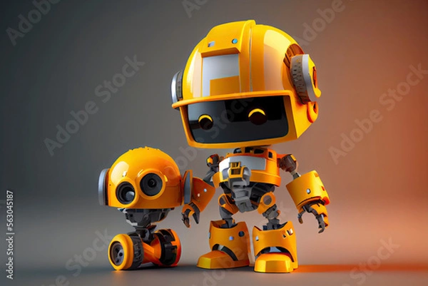 Fototapeta Engineer robot with 3d rendering cute and small artificial intelligence assistant robot wear yellow helmet