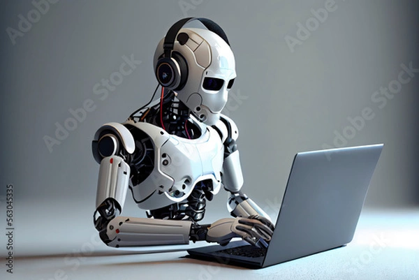 Fototapeta 3d rendering humanoid robot working with headset and notebook