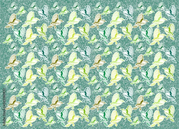 Fototapeta BIRDS LEAVES TEXTILE PATTERN GREEN BACKGROUND