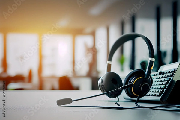 Fototapeta Nahaufnahme von einem Kopfhörer für die Call-Center-Hotline am Computer - Generative Ai