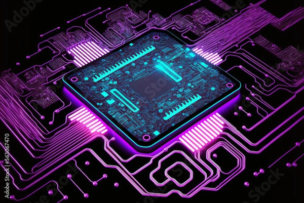 Obraz purple and blue digital network central processing unit made by generative ai