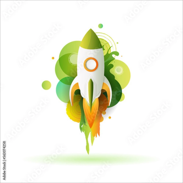 Obraz Cartoon green rocket flying in space. Spaceship rocket icon isolated on white background. Catroon space shuttle for startup business concept. Vector simple illustration