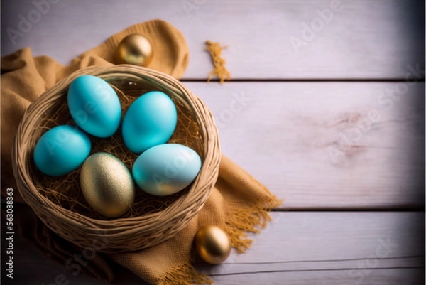 Fototapeta Golden egg in a nest, Easter, Generative AI
