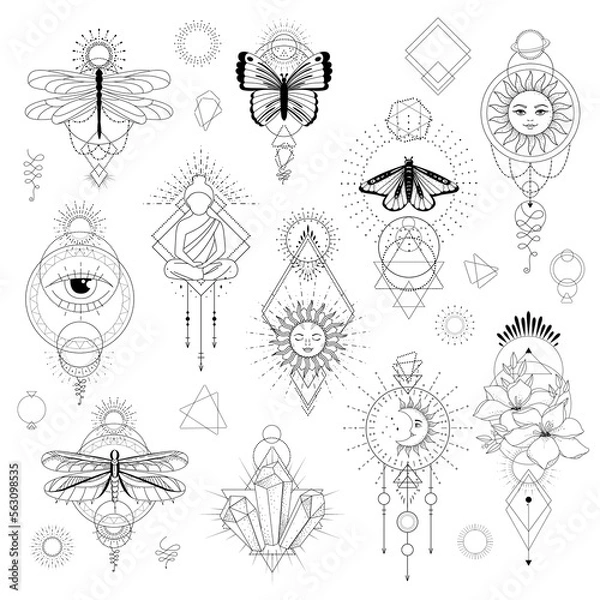 Fototapeta Magic Boho vector illustration on white background. Mystery design elements. Tattoo and logo templates.